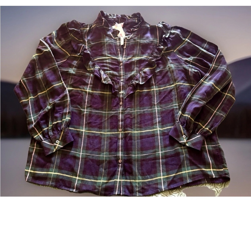 Vineyard Vines Sunset Green Tartan plaid Popover Ruffle RetrLk Christmas Blouse
